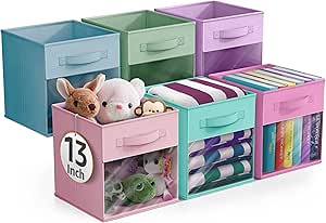 Sorbus 13 Inch Storage Bins with Clear Window - 6 Foldable Baskets for Organizing Clothes, Toys, Books - Sturdy Collapsible Fabric Storage Cubes with Handle - Storage Baskets for Shelves, Closets