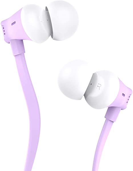 Earbuds, Vogek Tangle-Free Flat Cord Ergonomic in-Ear Headphones with Dynamic Crystal Clear Sound, Earphones with S/M/L Eartips Compatible with Samsung, Android Phone and More-Purple