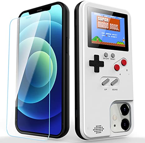 Gameboy Phone Case for iPhone with Clear Glass Screen Protector,Handheld Retro 36 Classic Games,Color Video Display Game Case for iPhone,Anti-Scratch Shockproof Phone Cover (White, iPhone 12 Pro Max)