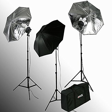 ePhoto VL9004-3K 2400 Watt Dimmable Digital Umbrella Continuous Lighting Kit with 3 Light Stands with 33-Inch Silver Reflective Umbrellas and 12 45W CFL Bulbs