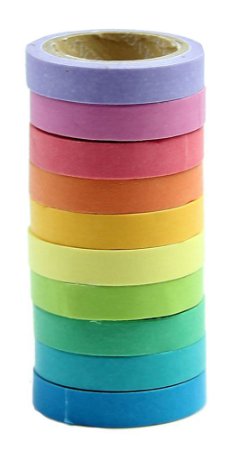 MassMall® Decorative DIY Tape Washi Rainbow Candy Color Sticky Paper Masking Adhesive Tape Scrapbooking &Phone DIY Decoration 10xRoll