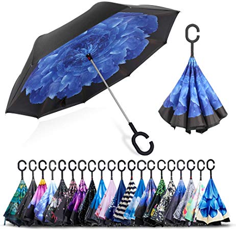 ZOMAKE Double Layer Inverted Umbrella Cars Reverse Umbrella, UV Protection Windproof Large Straight Umbrella for Car Rain Outdoor with C-Shaped Handle