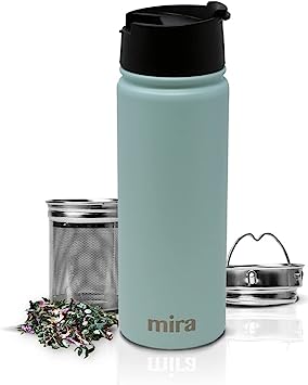 MIRA Stainless Steel Insulated Tea Infuser Bottle for Loose Tea - Thermos Travel Mug with Removable Tea Infuser Strainer-18 oz, Pearl Blue