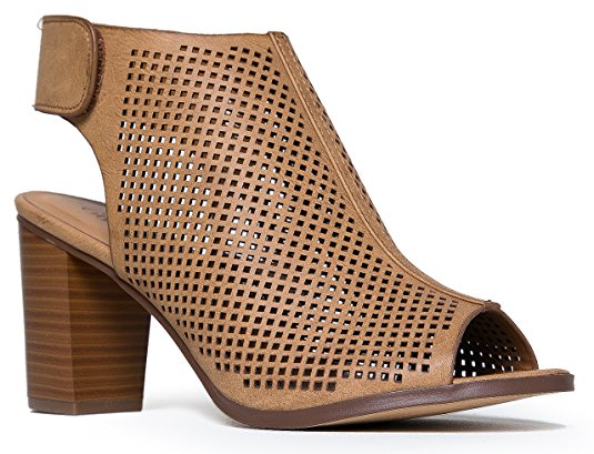 Peep Toe Sandal - Perforated Bootie Low Stacked Heel - Open Toe Ankle Perforated Heel Cutout Velcro Enclosure - Women's Comfortable Casual Walking Sandal by J. Adams