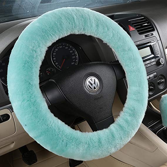 Bellesie Universal Warm Winter Genuine Wool Sheepskin Car Steering Wheel Cover Cushion Protector for 35cm-43cm Steering Wheel in Diameter