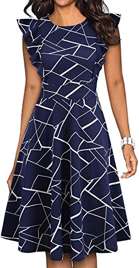 ihot Women's Vintage Ruffle Floral Flared A Line Swing Casual Cocktail Party Dresses