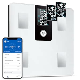 GE Smart Body Fat Scale: with BMI Scales for Body Weight and Fat Percentage Digital Bathroom Weight Scale Bluetooth Body Composition Scales with Large LCD Display Accurate 396lbs Weighing Scale White