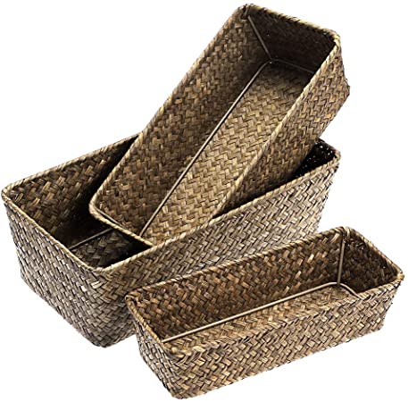 Hipiwe Set of 3 Natural Seagrass Wicker Nesting Storage Bins - Handwoven Baskets Multipurpose Home Organizer Bins for Kitchen Cabinets, Pantry, Bathroom, Laundry Room, Closets,Shelf Organizer