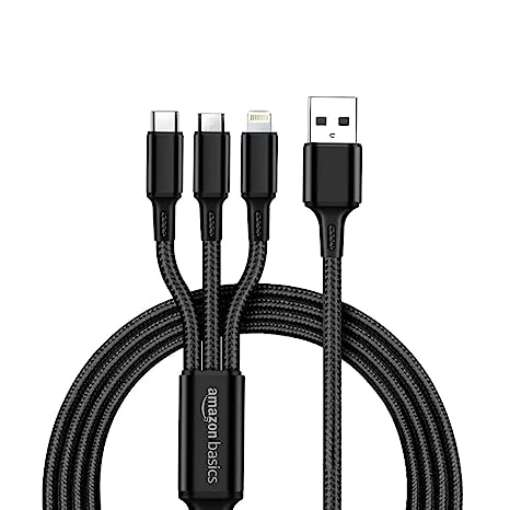 AmazonBasics 3-in-1 Charging Cable| Micro USB, Type-C and Lightning, 15W Fast-Charging Cable | 1m, Wide Compatibility, Black