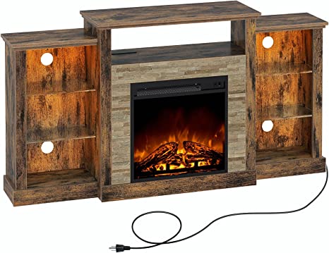 Rolanstar Fireplace TV Stand with Led Lights and Power Outlets, TV Console for TVs up to 65", Entertainment Center with Adjustable Glass Shelves, Rustic Brown