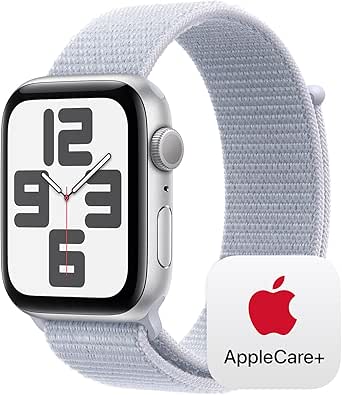 Apple Watch SE (2nd Gen) [GPS 44mm] Smartwatch with Silver Aluminium Case with Blue Cloud Sport Loop One Size. Fitness and Sleep Trackers, Crash Detection, Heart Rate Monitor, Carbon Neutral