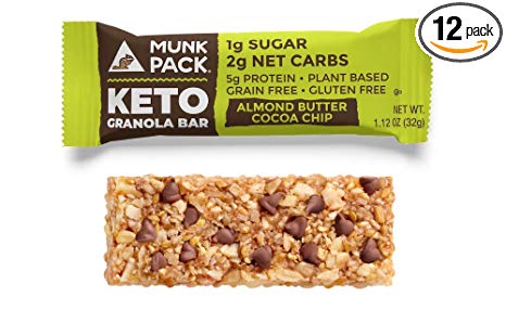 Munk Pack Almond Butter Cocoa Chip Keto Granola Bar with 1g Sugar, 2g Net Carbs | Chewy | Grain Free | Plant Based, Paleo-Friendly | Gluten Free, Soy Free | 12 Pack