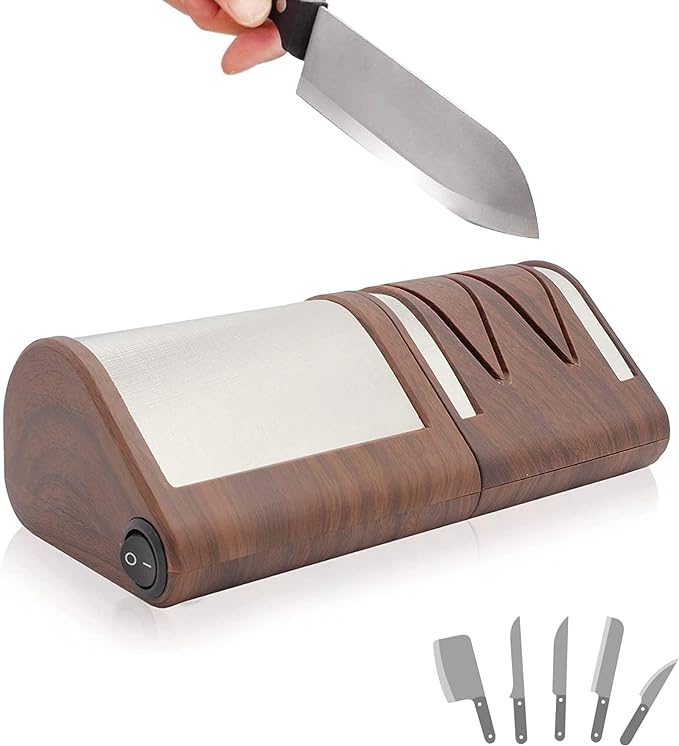 FISHTEC Electric Kitchen Knife Sharpener - Sharpening   Polishing on 2 Levels - Metal or Ceramic Knife - Diamond Grinding Wheels - Highly Efficient Knife Sharpener - 21 cm (Wood)