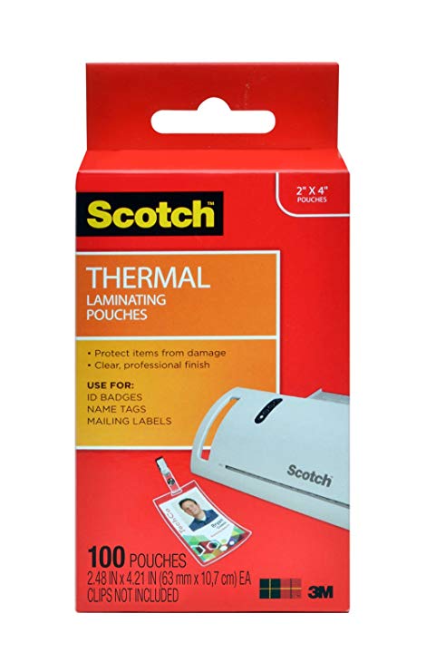 Scotch Thermal Laminating Pouches, 2.4 x 4.2-Inches, ID Badge without Clip, 100-Pouches (TP5852-100)