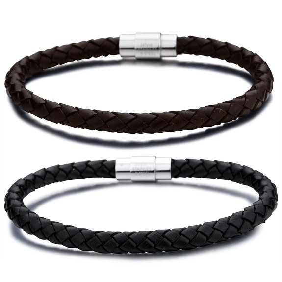 Jstyle Stainless Steel 6mm Mens Braided Bangle Leather Bracelet Wrap Magnetic-Clasp 2 Pairs a Set 8-8.5 Inch