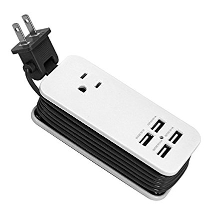 iCover Portable 4 Port USB Hub AC/Outlet with Extended 5' Cord Power Charger – White