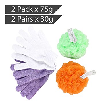 JCMASTER Exfoliating Bath Loofah Sponge, 2 Pairs of Shower Gloves Body Scrubber 30g, 2 Pack 75g Large Bath Sponge Pouf, Best Gift to Friends Family