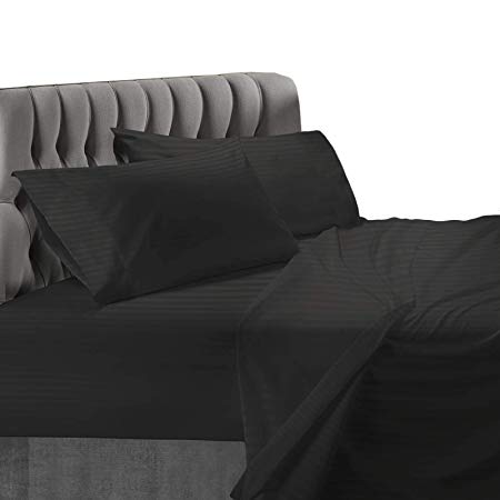 Nestl Bedding 5-Piece Damask Sheets - Luxury Dobby Striped Deluxe Hotel Collection Bed Sheet Set - Ultra Soft Double Brushed Microfiber, Hypoallergenic, Cool and Breathable - Split King, Black