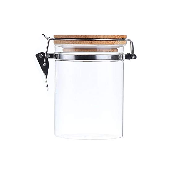 AUYE Glass Storage Jar,Coffee Bean & Kitchen food Container With Clamp Airtight wood Lid (29-Ounce)