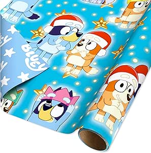 American Greetings Reversible Christmas Wrapping Paper for Kids, Bluey Family and Lettering (1 Roll, 75 sq. ft.)