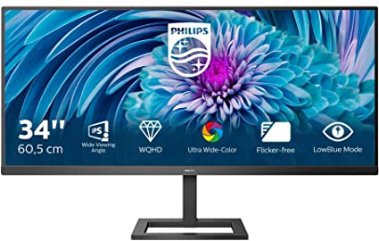 Philips 345E2AE - 34 Inch WQHD Ultrawide Monitor,75 Hz, 4ms, IPS, Height Adjust, AMD FreeSync, Speakers (3440 x 1440, 300 cd/m², HDMI/DP)