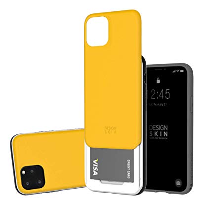 Design Skin Sliding Card Holder Case, Heavy Duty Bumper Protection Wallet Cover with Storage Slot Slider for Apple iPhone 11 Pro - Yellow