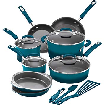 Rachael Ray 15-Piece Hard Enamel Nonstick Cookware Set, Marine Blue