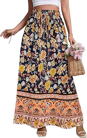 Zeagoo Women's 2024 Boho Floral Skirt Casual Elastic High Waist Maxi Skirts Flowy A Line Beach Long Skirt with Side Pockets