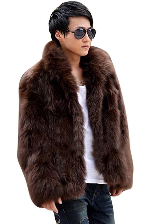 Zicac Men's Long Sleeve Faux Fur Jacket Hook & Eye Closed Luxury Coat Parka