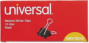 Universal 10210 Medium Binder Clips, 5/8-Inch Capacity, 1 1/4-Inch Wide, Black, 12/Box