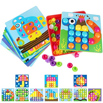 AMOSTING 3D Puzzles for Kids Creative Gifts, Peg Puzzle Creative Buttons Art Mushroom Nail Mosaic Pegboard DIY Jigsaw Plastic Building Bricks Pegging Board, Baby Early Learning Toys Toddler Educational Learning Resources