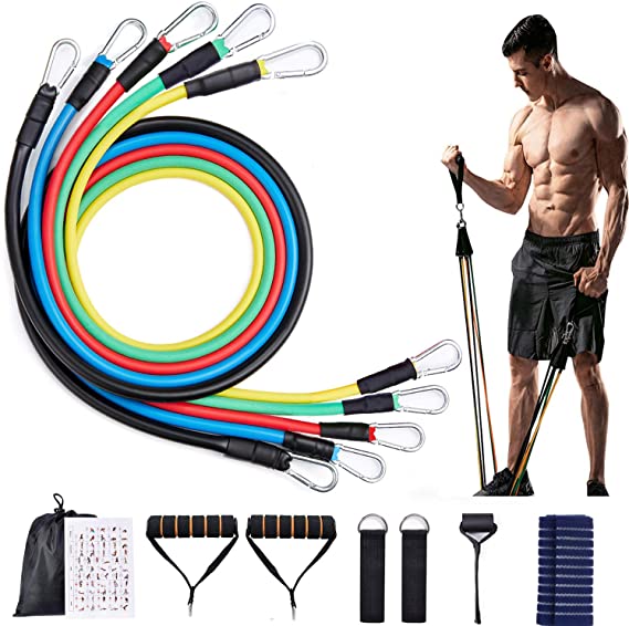 Resistance Bands Set, 5 Stackable Exercise Bands with Handles, Carry Bag, Legs Ankle Straps & Door Anchor Attachment–100% Life Time Guarantee