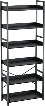 Rolanstar Bookshelf 6 Tier with 4 Hooks, Industrial Wood Bookcase, Vintage Storage Rack with Open Shelves, Rustic Standing Bookshelves Metal Frame Display Rack for Living Room, Bedroom, Black