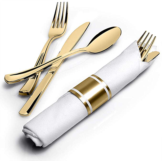 Stock Your Home Napkins and Gold Plastic Cutlery Set 25 Pack Disposable Linen-Like Dinner Napkin, Fork, Knife and Spoon for Weddings, Parties & Catering