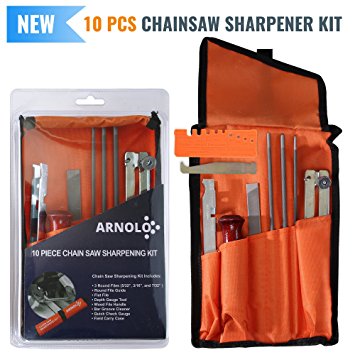 10 Piece Chainsaw Sharpener | Chainsaw Sharpening Kit Contains: 3Round Chain Saw Files 5/32, 3/16, 7/32 Inch- Handle - Depth Gauge - Filing Guide- Bar Groove Cleaner- Quick Check Gauge- Tool Pouch