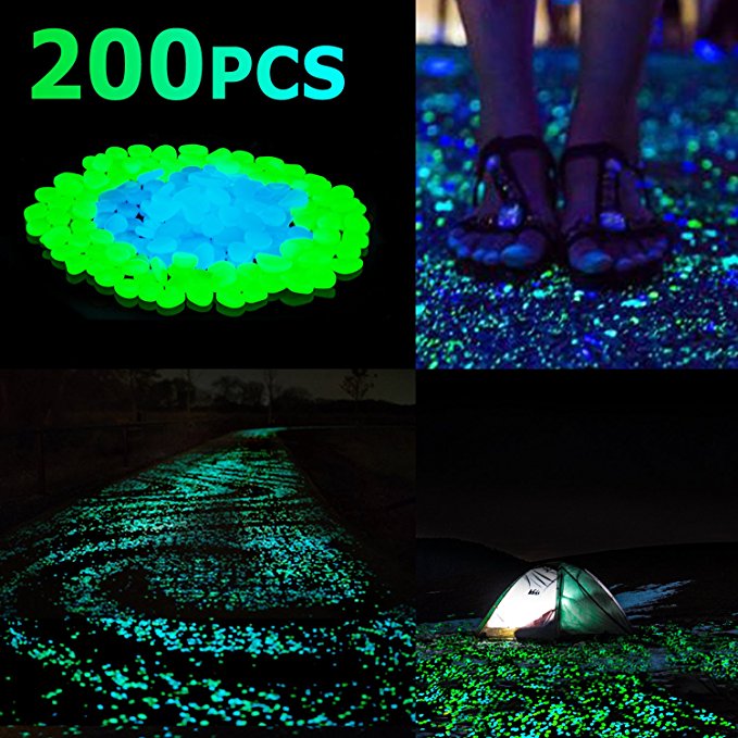 Sunnest 200Pack Glow in the Dark Garden Pebbles for Walkways Outdoor Decor Aquarium Fish Tank Path Lawn Yard, Glow Stone Rocks Outdoor Garden Decorative Stones in Blue & Green