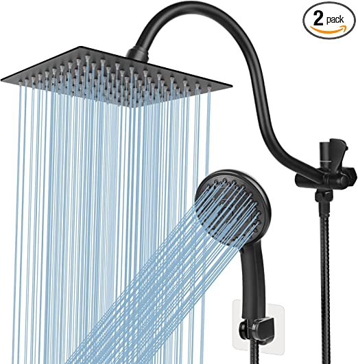 Taiker Shower Head, 8 Inch High Pressure Rainfall Shower Head/Handheld Showerhead Combo with 11.5 Inch Adjustable Curved Arm, Anti-leak Shower Head with Holder/Hose, Flow Regulator, Chrome (Black)