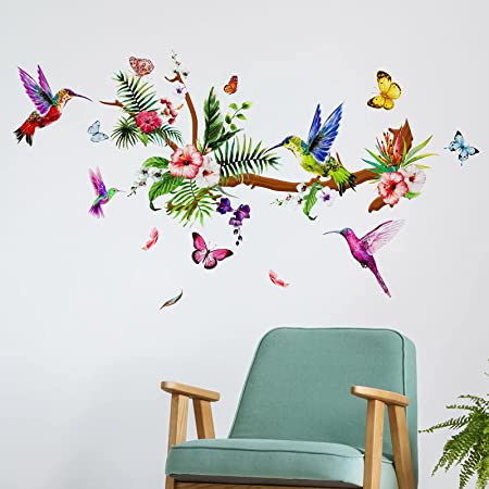 Hummingbirds Wall Decals Peel and Stick Birds Vinyl Wall Stickers Butterfly Flowers Colorful Wall Stickers Hummingbird on The Tree Branch Flower Decals Garden Living Room Bedroom TV Wall Decorations