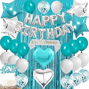 Teal Blue Birthday Decorations for Women Girls-Teal Birthday Balloons Kit,Turquoise Birthday Party Decorations Including Banner Balloons Sash and Cake topper,Teal Blue Party Photo Backdrop Curtains