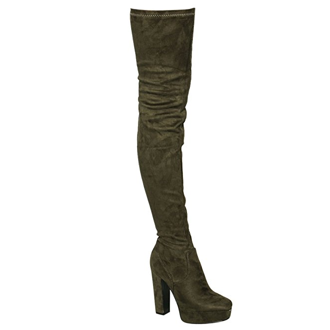 Beston EJ20 Women's Side Zipper Chunky Heel Stretchy Snug Fit Thigh High Boots