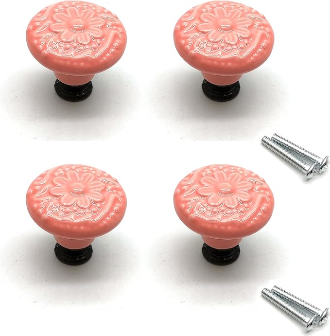 Knobs,4pcs, Decor Knobs 1.3" Dia. Ceramic Drawer Pulls and Knobs with Mounting Screws Drawer Knobs Pink Round Knobs