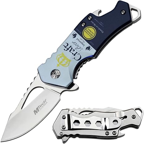 MTech USA – Spring Assisted Folding Knife – Satin Finish Fine Edge Steel Blade, Aluminum Handle w/Craft Beer Graphic, Bottle Opener and Pocket Clip, Tactical, EDC, Self Defense- MT-A88C