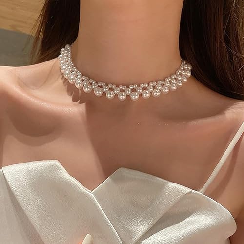 fxmimior Women Bridal Vintage Punk Simple Rhinestones Short Simple Pendant Pearl Shiny Choker Necklace Gold Simple Necklaces for Women and Girls