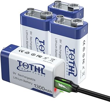 TQTHL 9V Rechargeable Batteries, 4-Packs USB 9 Volt Lithium Batteries 1300mAh Long Lasting Li-ion 9V Battery for Smoke Alarms, Multimeters, Microphones, walkie-Talkie,Toys,Guitar,Keyboard (4 Packs)