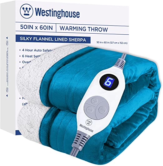 Westinghouse Electric Throw Heated Blanket | 6 Heating Levels & 4 Hours Auto Off | Flannel to Sherpa 50x60inches | Machine Washable,Teal