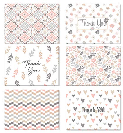 (48 count) Pastel Thank You Cards Set with Envelopes - Professional paper with grey blue pink designs and blank white inside - Bulk Pack of notes for baby or bridal shower wedding birthday party