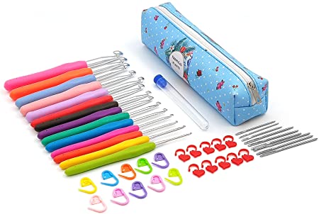 SumDriect 46pcs Crochet Hooks Set, Knitting Accessories Tools Aluminum Knitting Needle with Ergonomic Soft Handle Size from 2.0mm to 10mm (Blue)
