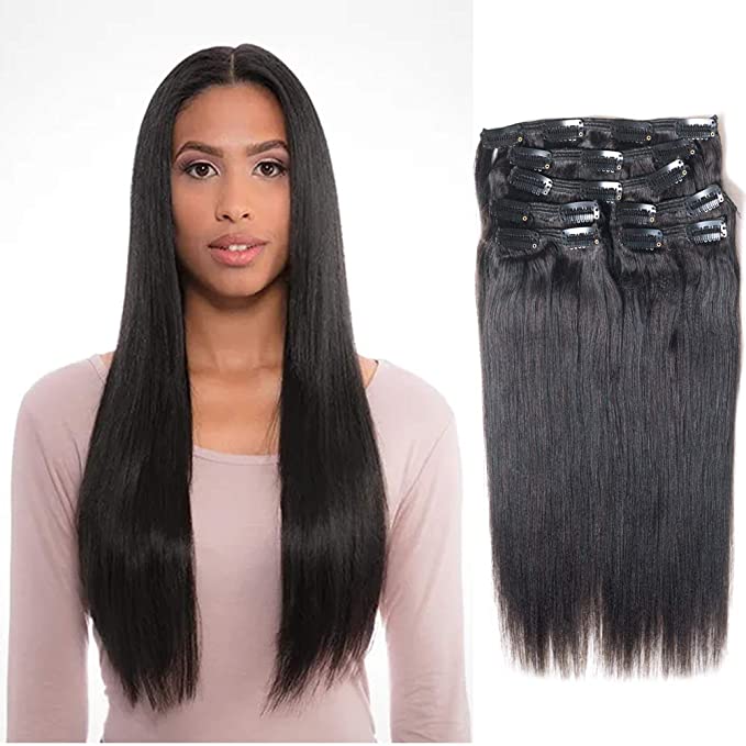 Vanalia Perm Yaki Clip in Extensions Double Wefted Natural Black Remy Human Hair 120 Gram 7 Pieces 18 Clips for African American Black Women Yaki 18 Inch