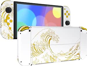 eXtremeRate Full Set Shell for Nintendo Switch OLED, Console Back Plate & Kickstand, NS Joycon Handheld Housing with Buttons for Nintendo Switch OLED (The Great Golden Wave Off Kanagawa - White)