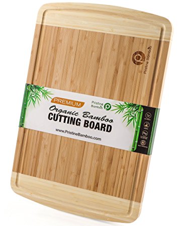 EXTRA LARGE ORGANIC Bamboo Cutting Board with Juice Grooves | Non-slip Wooden Chopping Board for Meat (Butcher Block), Vegetables, Fruit   Cheese | Perfect Serving Board (18 x 12”) by Pristine Bamboo
